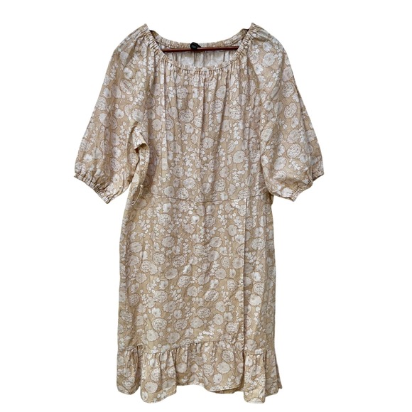 Saks Fifth Avenue Dresses & Skirts - Saks Fifth Avenue Women's Beige Floral Print Linen Cotton Puff Sleeve Midi Dress